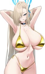 1girl alternate costume armpits arms behind head asuna (blue archive) bikini blonde hair blue archive blue eyes blue ha…