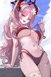 1girl  d absurdres bandaid bandaid on arm bandaid on leg bikini blue archive blue sky bracelet breasts cloud commentary…