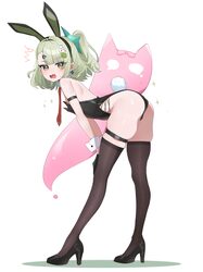 1girl absurdres animal ears ass backless outfit bare back bare shoulders bent over black bow black gloves black leotard…