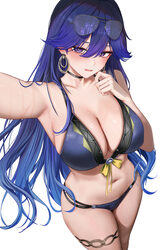 1girl alternate costume armpits bikini blue hair blush breasts cleavage commentary earrings eyewear on head gradient ha…