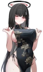1girl absurdres black hair blue archive blush breasts bright pupils chinese clothes commentary covered navel dress flor…
