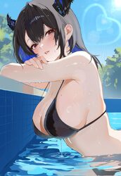 1girl alternate costume asymmetrical horns bare shoulders bikini black bikini black hair black horns blue hair blue sky…