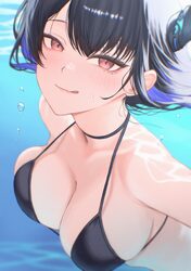 1girl  q absurdres bikini black bikini black choker black hair blue hair breasts choker cleavage commentary diptip engl…