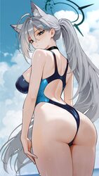 1girl ahoge animal ear fluff animal ears ass back cutout backless outfit blue archive blue eyes blue one-piece swimsuit…