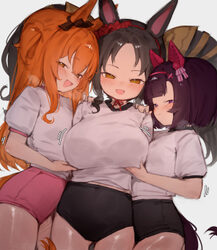 3girls animal ears black buruma black hair blunt bangs blush bob cut bow breast lift breasts brown hair bullying viewer…