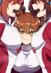 3girls  t absurdres alternate breast size (larger) animal ears aston machan (umamusume) blush breasts brown hair closed…