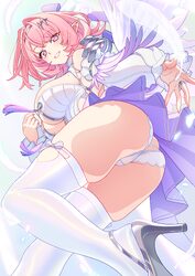 1girl absurdres ass bow breasts commentary detached sleeves dress falling feathers feathers from below from side hair b…