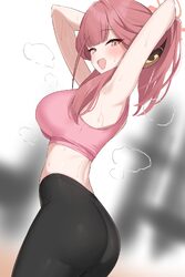 1girl alternate costume armpits arms behind head aru (blue archive) black pants blue archive blush breasts commentary d…