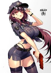 1girl absurdres alternate costume belt black belt black panties blue skirt blush breasts commentary cowboy shot earring…