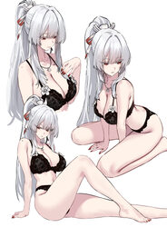 1girl absurdres arm support bare shoulders barefoot black bra black panties bra breasts cleavage closed mouth collarbon…