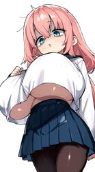 1girl bags under eyes black thighhighs blue skirt breasts commentary request highres huge breasts long hair looking dow…