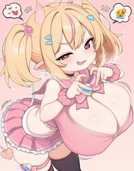 1girl absurdres black choker black thighhighs blonde hair bow breasts bright pupils choker cleavage commentary crop top…