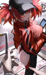 1boy 1other 2girls absurdres ark ranger red (nikke) ass baseball cap black dress black hair breasts cellphone chinese c…