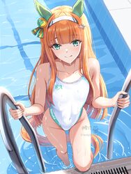 1girl animal ears aqua eyes blunt bangs blush climbing ladder closed mouth commentary request competition swimsuit ear …
