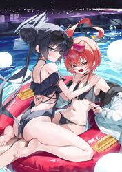 2girls absurdres ahoge alternate costume bikini black bikini black hair black halo black nails black one-piece swimsuit…