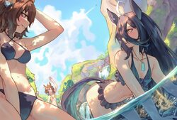3girls agnes tachyon (umamusume) ahoge all fours animal ears arm up bahhkarh bikini black bikini black hair blue sky bl…