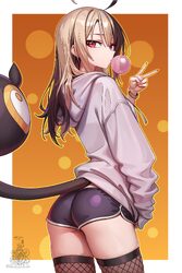1girl absurdres ahoge ass black shorts black thighhighs blowing bubble gum bracelet brown hair chewing gum commentary d…