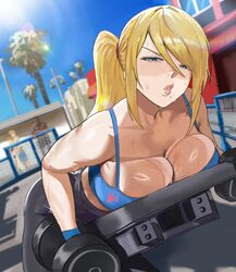 2boys 2girls alternate breast size (larger) black pants blonde hair blue background blue eyes blue sky blue sports bra …