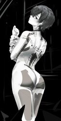1girl adjusting clothes adjusting gloves ass bodysuit closed mouth evie (stellar blade) from behind gloves greyscale ha…