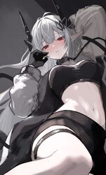 1girl absurdres arknights arm behind head black choker black gloves black horns black shirt black skirt breasts choker …