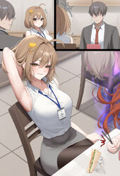 1boy 3girls absurdres ahoge alternate costume anis (nikke) anis (star) (nikke) arm behind head armpits aura bare should…