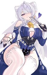 1girl ascot bare shoulders blue dress blush breasts censored cleavage closed mouth clothing cutout commentary crossed l…