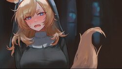 1girl animal ear fluff animal ears arknights black dress black veil blonde hair blue eyes blush breasts bright pupils c…
