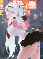 1girl arm warmers ass bag biguan xiuxing zhong black skirt blush breasts commentary cosplay cowboy shot english comment…