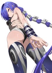 1girl absurdres arms behind back ass black leotard boots bound bound arms breasts dondobi from below highres leotard lo…