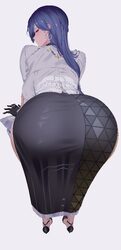 1girl absurdres ass ass focus bb. ex black dress black shoes closed mouth commentary request dress earrings from behind…