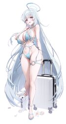 1girl  d alternate costume aqua choker aqua one-piece swimsuit aqua sandals blue archive blunt bangs blush breasts came…
