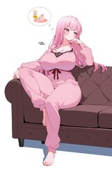 1girl absurdres artist name barefoot blush breasts cleavage closed mouth commentary couch english commentary feet finge…