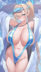 1girl arms up ass visible through thighs asuna (blue archive) blue archive blue bow blue eyes blue slingshot swimsuit b…