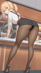 1girl absurdres apron ass barista biting own lip black panties black pantyhose black shoes black skirt blonde hair brea…