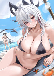 2girls alternate costume arm support arm under breasts ass beach beach umbrella bikini black bikini black eyes black ha…