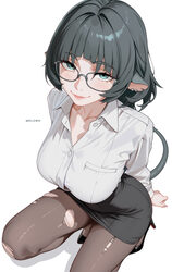 1girl absurdres animal ears artist name black hair black skirt breasts brown pantyhose commentary dress shirt earrings …
