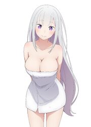 1girl absurdres arms behind back blue pupils breasts cleavage closed mouth coro fae elf emilia (re zero) grey hair high…