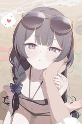 1girl 1other bandeau bikini black bikini black hair blue archive blush braid braid over shoulder breasts butterfly hair…