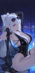 1girl adjusting hair antenna hair armpit crease armpits arms up black one-piece swimsuit black shawl blurry blurry back…