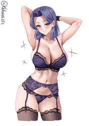 1girl armpits arms behind head arms up artist name black gloves black thighhighs blush bow bow bra bow panties bra brea…