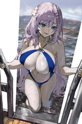 1girl absurdres blue eyes blue slingshot swimsuit breasts commentary english commentary flower hair between eyes hair f…