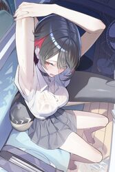 1girl absurdres armpits arms up barefoot black choker black hair black skirt bra bra visible through clothes breasts ch…