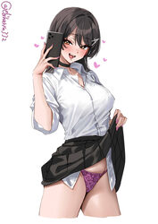 1girl artist name black choker blush breasts choker cleavage clothes lift collared shirt commentary request cropped leg…