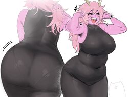 1girl 1other  3 armpit hair ashido mina ass back bare shoulders black dress black sclera blush boku no hero academia br…