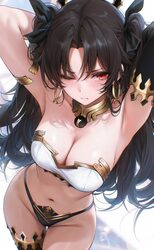 1girl alternate breast size (larger) armlet armor armpits arms behind head arms up bandeau bare hips bare shoulders bik…