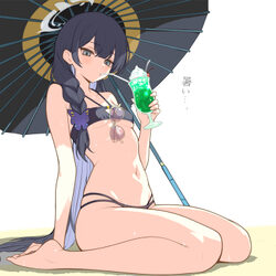 1girl arms at sides bare arms bare legs bare shoulders barefoot beach bikini black bikini black hair black umbrella blu…