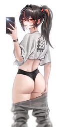 1girl absurdres alternate costume ass black hair black panties blush breasts cellphone clothes pull commentary english …