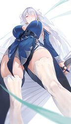 1girl absurdres blue dress breasts commentary dress from below hair over one eye hand fan highres holding holding fan l…