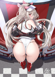 1girl ass ass focus azur lane bare shoulders black gloves blonde hair boots breasts car commentary request fingerless g…