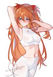 1girl alternate costume armpits arms up blue eyes breasts closed mouth commentary commission english commentary evangel…